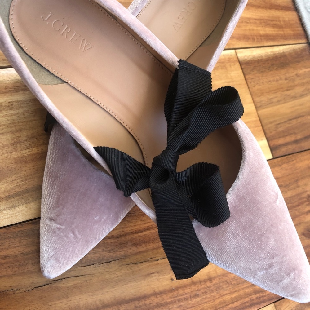 J Crew light pink velvet heels with black ribbon tie